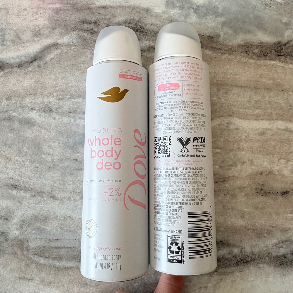 2‎ Dove Cooling Whole Body Deos Raspberry Rose Deodorant Spray Aluminum Free 4oz